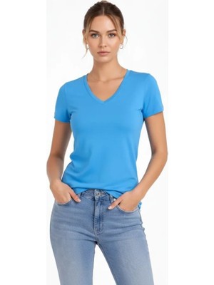 Modi Green Kadın Açık Mavi V Yaka Slim Fit Likralı Günlük Basic Body Tişört
