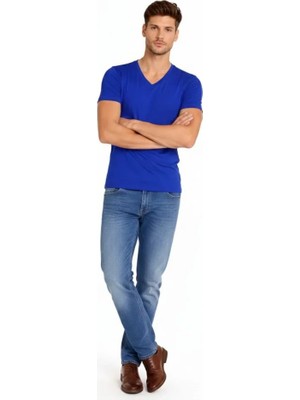 Modi Green Erkek Saks Mavisi V Yaka Slim Fit Dar Kesim Likralı Günlük Basic Body Tişört