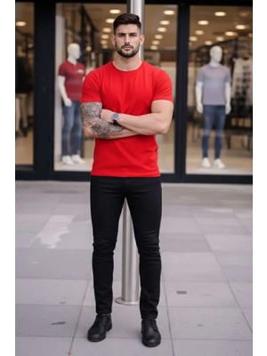 Modi Green Erkek Kırmızı Bisiklet Yaka Slim Fit Dar Kesim Likralı Günlük Basic Body Tişört