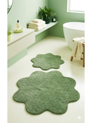 Eurobano Shaggy Papatya Desenli 2'li Set Banyo Paspası 100X100 60X60 Kaymaz Taban Yıkanabilir Banyo Seti