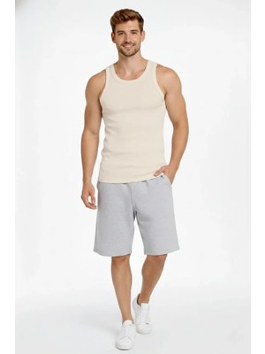 Modi Green Arka Baskılı Erkek Fit Duruş Krem Fitilli Atlet Sıfır Yaka Slim Fit Spor Atlet