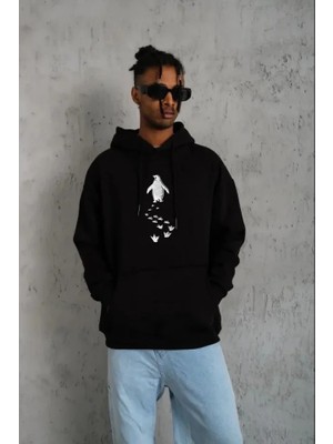Modi Green Erkek Salaş Stil Siyah Nihilist Penguen Temalı Oversize Kapüşonlu Sweatshirt