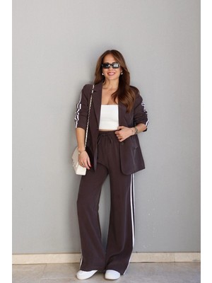 Purple By Banu Acı Kahverengi Şerit Detay Blazer Pantolon Takım