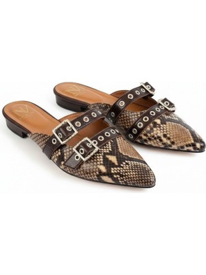 Ne&Ve Shoes Kahve Yılan Rugan Atkı Detaylı Iki Tokalı Kadın Sivri Burun Sabo Terlik
