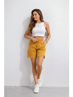 Modi Green Kadın Hardal Dokuma Otoban Beli Lastikli Bağcıklı, Cepli, Rahat Kesim Günlük Yazlık Şort