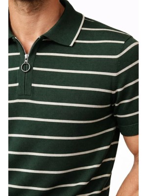 Modi Green Erkek Günlük Stil Yeşil Triko Polo Yaka Fermuarlı Çizgili Yazlık Şık Tişört