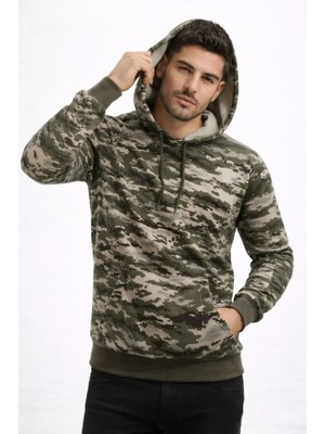 Modi Green Desenli Erkek Sokak Stili Kamuflaj Kamuflaj 2 Iplik 4 Mevsim Kapüşonlu Kanguru Cepli Hoodie Sweatshirt