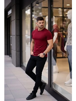 Modi Green Erkek Bordo Bisiklet Yaka Slim Fit Dar Kesim Likralı Günlük Basic Body Tişört