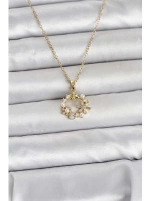 MiraLive 316L Çelik Zincir Gold Renk Incili Çiçek Model Kadın Koyle