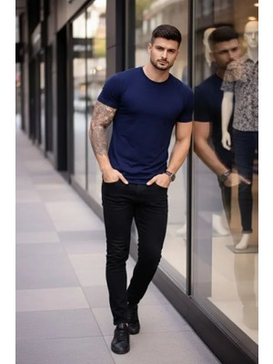 Modi Green Erkek Lacivert Bisiklet Yaka Slim Fit Dar Kesim Likralı Günlük Basic Body Tişört