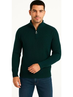 Modi Green Selanik Örgü Erkek Günlük Şıklık Haki – , Dik Yaka, Pamuklu Dokuma, Regular Fit Uzun Kollu Kışlık Model Yarım Fermuarlı Triko Kazak