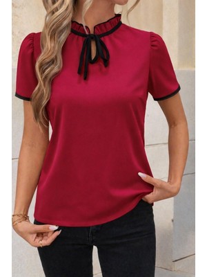 Modi Green Janjan Krep Kadın Zarif Dokunuş Kısa Kollu Yakası Fırfırlı Bağcıklı Bluz