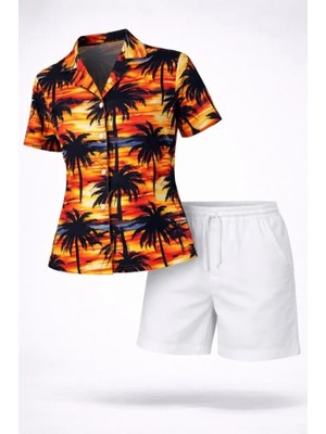 Modi Green Desenli Kadın Rahat Kullanım Tropikal Palmiye Gömlek Yazlık Rahat Kalıp Şort Takım