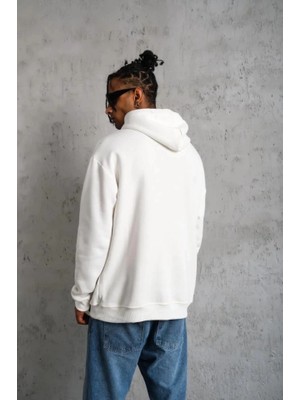 Modi Green Baskılı Erkek Beyaz Oversize – Beyaz Üç Iplik Içi Pamuklu Kanguru Cepli Hoodie Rahat Kalıp Kışlık Günlük Kombinlere Uygun Kapüşonlu Sweatshirt