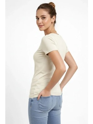 Modi Green Kadın Taş V Yaka Slim Fit Likralı Günlük Basic Body Tişört