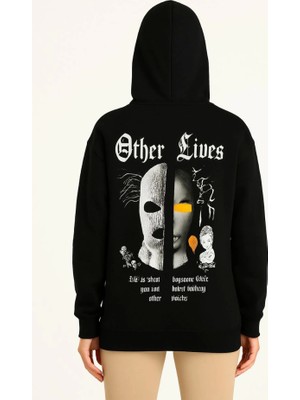 Modi Green Arka Baskılı Kadın Sokak Stili Üç Iplik Kapüşonlu Ön ve Hoodie- Siyah Sweatshirt
