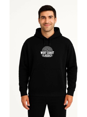 Modi Green Arka Baskılı Erkek Sokak Stili Siyah Üç Iplik Kapüşonlu Ön ve Hoodie Sweatshirt