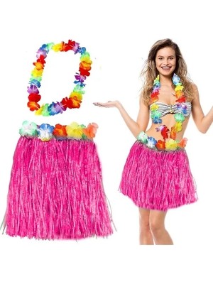 İlk El Grup Ieg™ Hawaii Luau Aloha Pembe Püsküllü 40 cm Etek ve Hawaii Kolye Seti