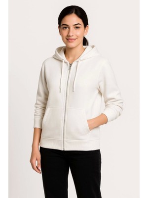 Modi Green Kadın Sokak Stili Beyaz Üç Iplik Kapüşonlu Tam Fermuarlı Kanguru Çepli Hoodie Sweatshirt