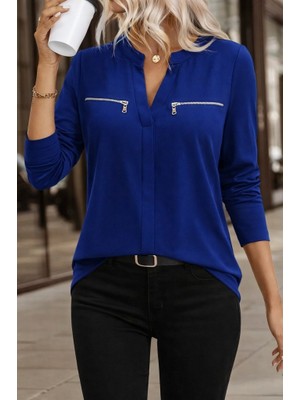 Modi Green Viskon Kadın Zarif Dokunuş Uzun Kollu V Hakim Yaka Fermuar Detaylı Bluz