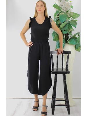 Modi Green Kadın Zarif Dokunuş Fırfırlı Kolsuz Siyah Bluz