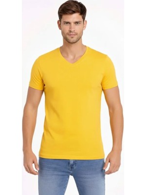 Modi Green Erkek Limon V Yaka Slim Fit Dar Kesim Likralı Günlük Basic Body Tişört