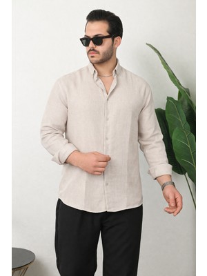 Comstar Erkek Trend Dokulu Kısa Kol Basic Krem Keten Gömlek