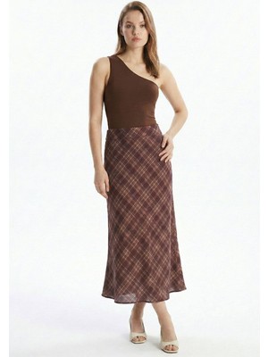 Rays Mürdüm Ekose Desen Bel Lastikli Etek 3507-1