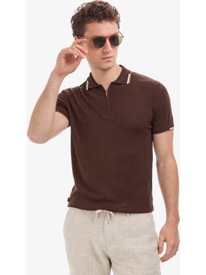 Pierre Cardin Erkek Kahverengi Slim Fit Polo Yaka Fermuarlı Triko Tişört 50320803-VR029