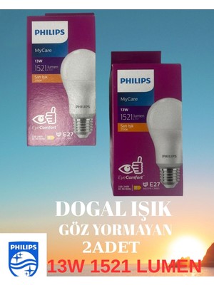 Phılıps Mycare 13W 1521 Lumen Sarı Işık 2700 K Eyecomfort E27 230-240 V Göz Yormayan Yumuşak Enerji Tasarruflu LED Ampül 2 Adet