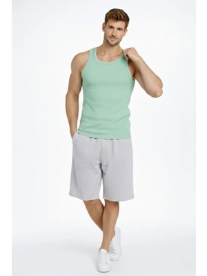 Modi Green Arka Baskılı Erkek Fit Duruş Mint Yeşili Fitilli Atlet Sıfır Yaka Slim Fit Spor Atlet