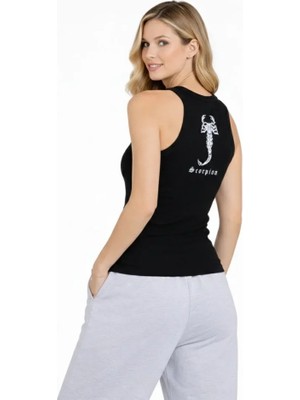 Modi Green Arka Baskılı Kadın Fit Duruş Siyah Fitilli Atlet Sıfır Yaka Slim Fit Spor Atlet