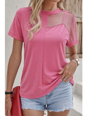 Modi Green Janjan Krep Kadın Zarif Dokunuş Kısa Kollu Tül Detaylı Taşlı Bluz