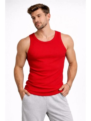 Modi Green Arka Baskılı Erkek Fit Duruş Kırmızı Fitilli Atlet Sıfır Yaka Slim Fit Spor Atlet