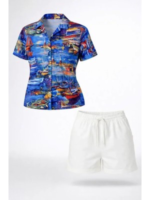 Modi Green Desenli Kadın Rahat Kullanım Deniz Temalı Kısa Kol Gömlek Yazlık Rahat Kalıp Şort Takım