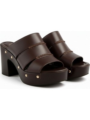 Ne&Ve Shoes Kahve Deri Hafif Tabanlı Dikiş Detaylı Kadın Takunya Terlik