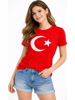 Modi Green Baskılı Kadın Günlük Stil Kırmızı Kısa Kol Bisiklet Yaka Ay Yıldız Bayrak Tişört