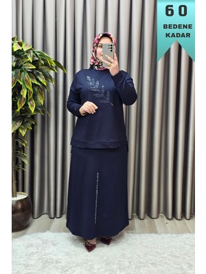 Elmas Tesettür Kadın Giyim Büyük Beden Yaprak Taşlı Kristal Kumaş Etekli Takım