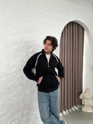 Modi Green Erkek Salaş Stil Siyah Oversize Dik Yaka Fermuarlı - Zincir Nakışli Kanguru Cepli Sweatshirt