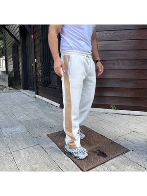 Modi Green Erkek Rahat Kullanım Beyaz Üç Iplik Kışlık Pamuklu Yandan Garneli Kalın Bej Şeritli Cepli Eşofman Altı