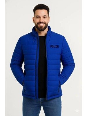 Modi Green Baskılı Erkek Modern Stil Saks Mavisi Mikro Su Itici Kapitone Astarlı Fermuarlı Bomber Mont