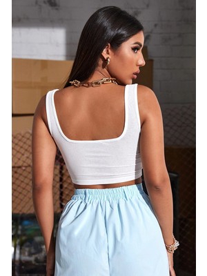 Modi Green Kadın Modern Stil Beyaz Kalın Askılı Crop Top Büstiyer