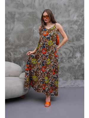 Navy Tam Boy Askılı Pileli Viskon Elbise