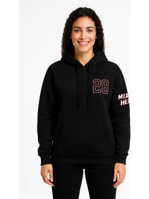 Modi Green Arka Baskılı Kadın Sokak Stili Siyah Üç Iplik Kapüşonlu Ön ve Hoodie Sweatshirt