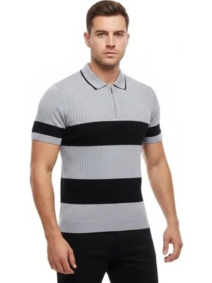 Modi Green Erkek Günlük Stil Gri Çizgili Triko Dokuma Kumaş Polo Yaka Yarım Fermuarlı Regular Kalıp Tişört
