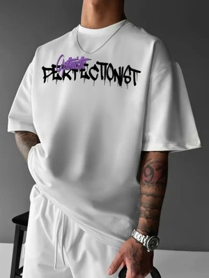 Modi Green Baskılı Kadın Salaş Stil Beyaz Oversize Bisiklet Yaka Tişört