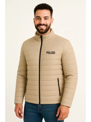 Modi Green Baskılı Erkek Modern Stil Bej Mikro Su Itici Kapitone Astarlı Fermuarlı Bomber Mont