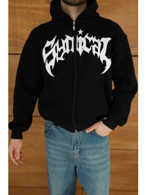 Modi Green Şardonlu Erkek Siyah Hoodie 3 Iplik Pamuklu Kumaş, Önü Baskılı, Fermuarlı Rahat Kalıp, Kışlık ve Sokak Stili Sweat Kapüşonlu Sweatshirt