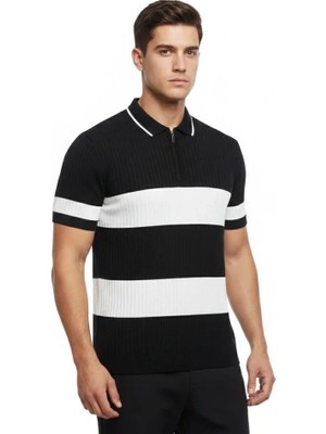 Modi Green Erkek Günlük Stil Siyah Çizgili Triko Dokuma Kumaş Polo Yaka Yarım Fermuarlı Regular Kalıp Tişört