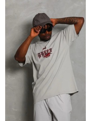 Modi Green Baskılı Erkek Salaş Stil Gri Oversize Bisiklet Yaka Tişört